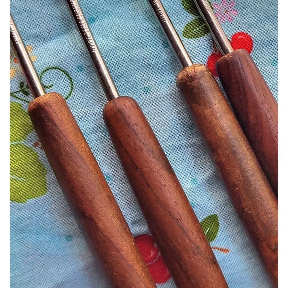 Oster Fondue Forks Stainless Steel MCM Wood Handle Color Dot 4each Vintage Japan